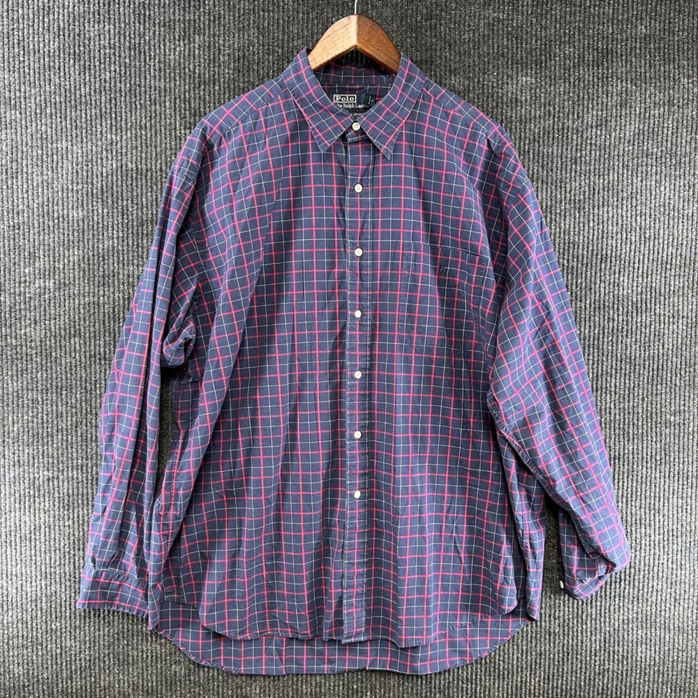 Polo Ralph Lauren Button Up Shirt Mens XL Navy Red Plaid Lowell‎ Sport Long Slv